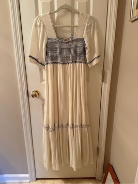 Reba Cream Dress with Navy Embroidery